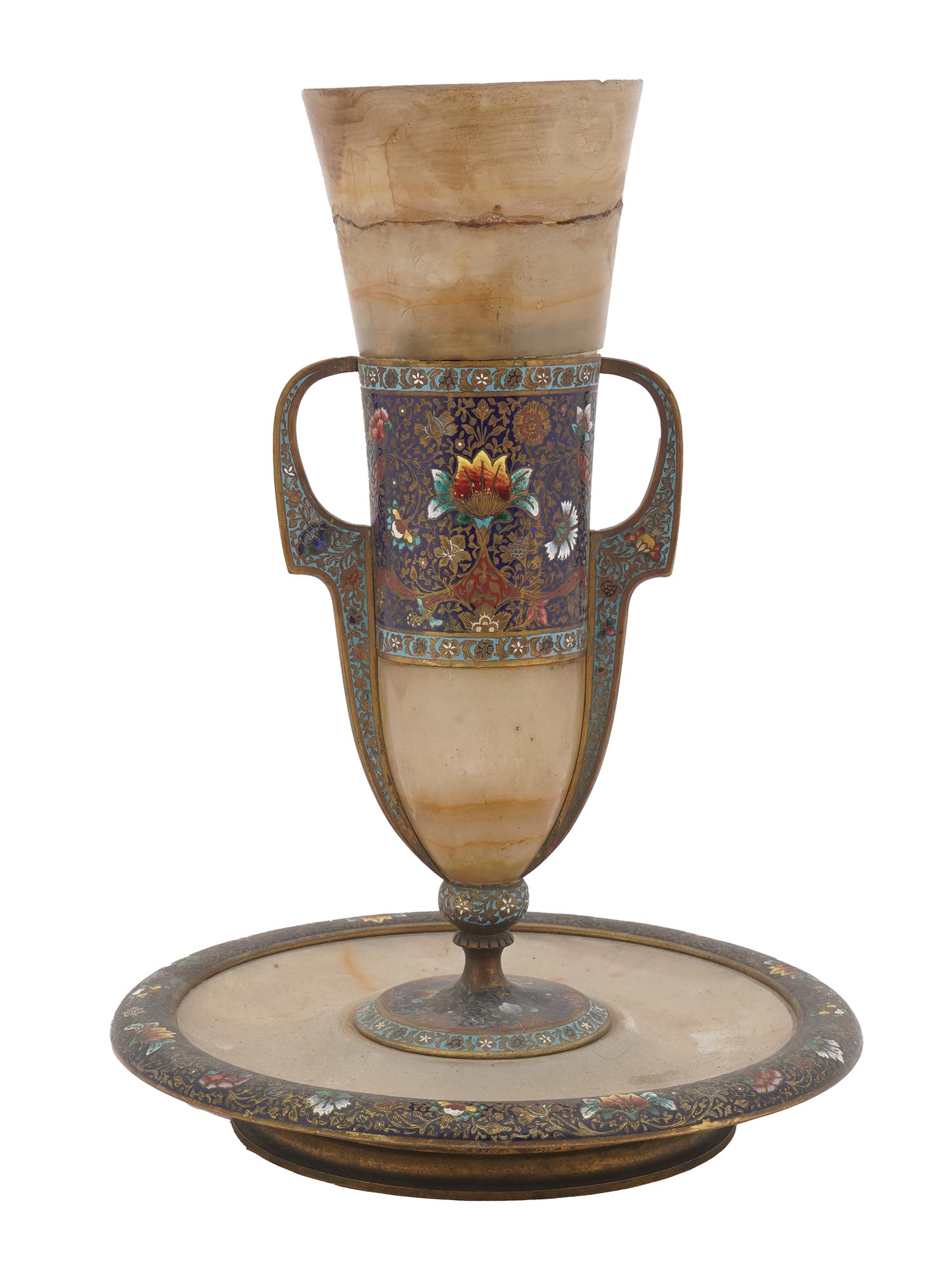 FRENCH CLOISONNE ENAMEL ONYX KIDDUSH CUP W STAND PIC-3